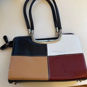 Elegant Patchwork Satchel in Black, White, Tan, and Brown